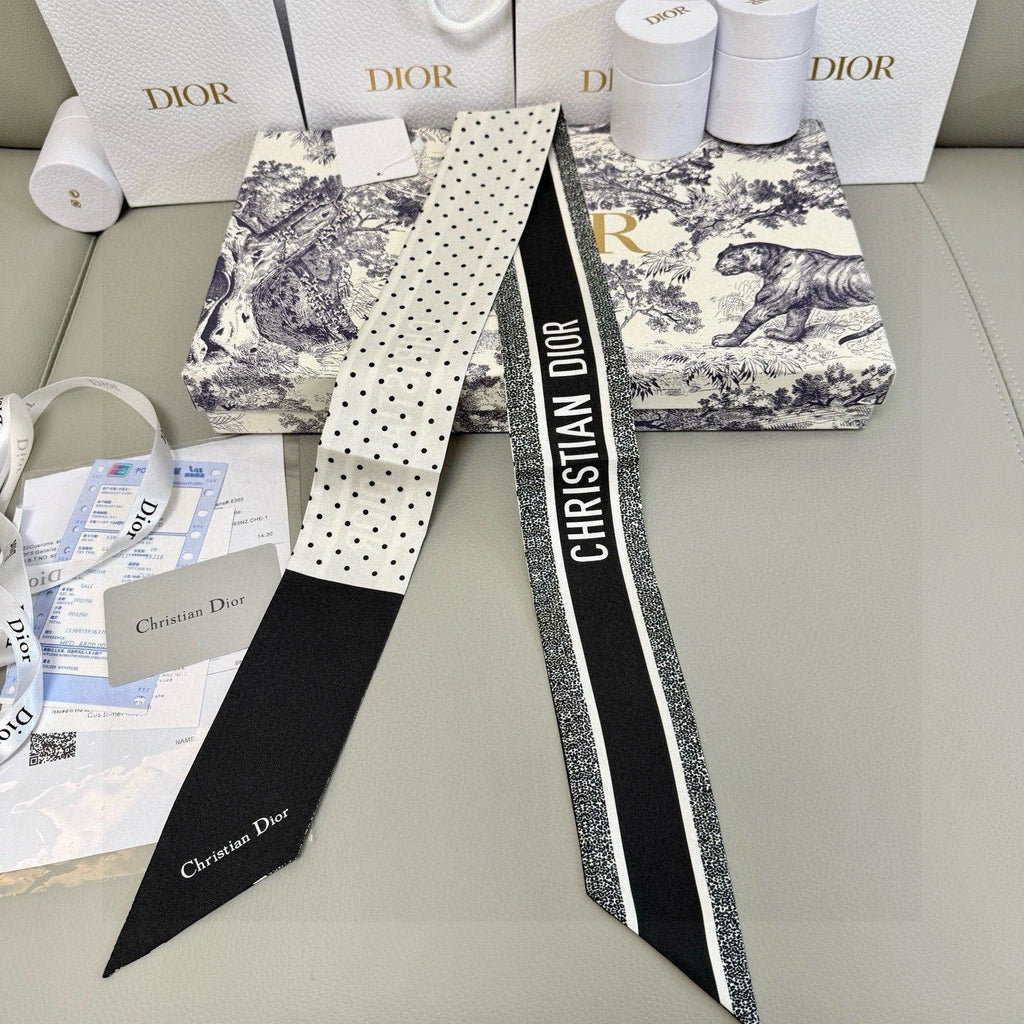 CD Twilly Mini Scarf 105cm Black White Mulberry Silk 957050