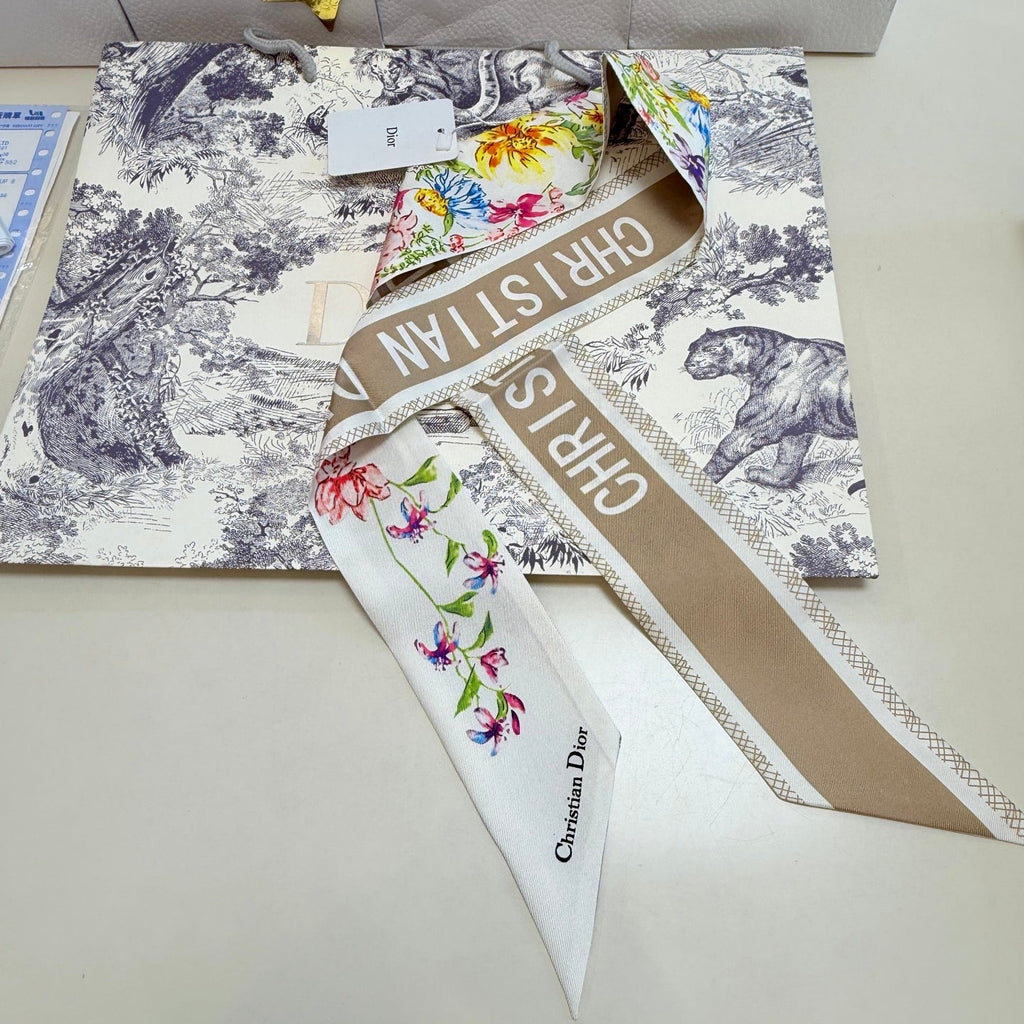 CD Twilly Mini Scarf 100cm Beige Colorful Mulberry Silk 958858
