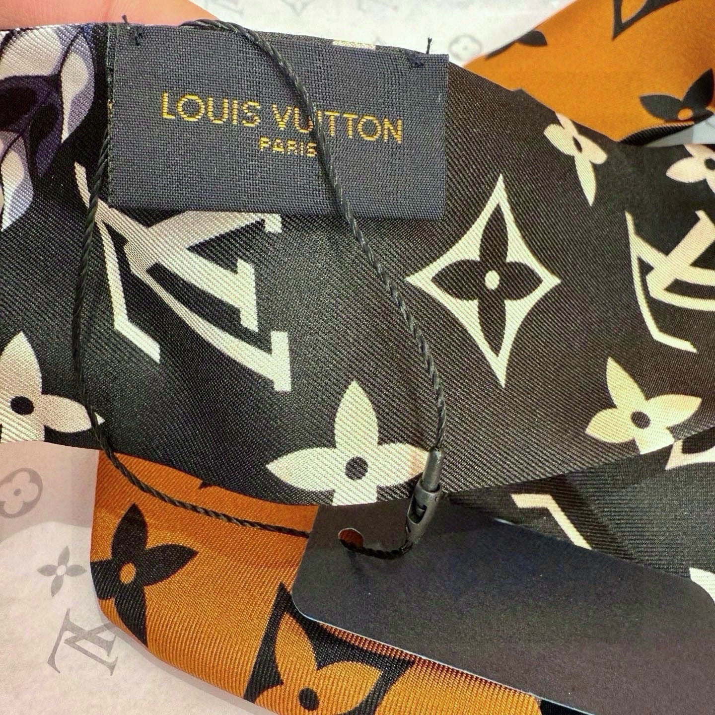 LV  Twilly Mini Scarf 120 Black Brown Silk Twill 967458