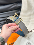 HM HADRIEN 38MM REVERSIBLE BELT GREY AND BLUE LEATHER GOLD BUCKLE