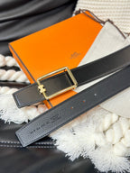 HM TUBE H BELT GOLD BUCKLE & REVERSIBLE BLACK LEATHER STRAP 38MM