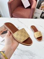 Celine 25C Slippers Egg Nog Monagram Silk with Calfskin 238148