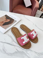 Celine 25C Slippers Red mix White Fabric with Calfskin 238167