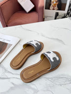Celine 25C Slippers Black mix White Fabric with Calfskin 238169