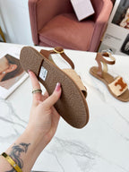 Celine 25C Lympia Sandal Beige mix Brown Fabric with Calfskin 238162