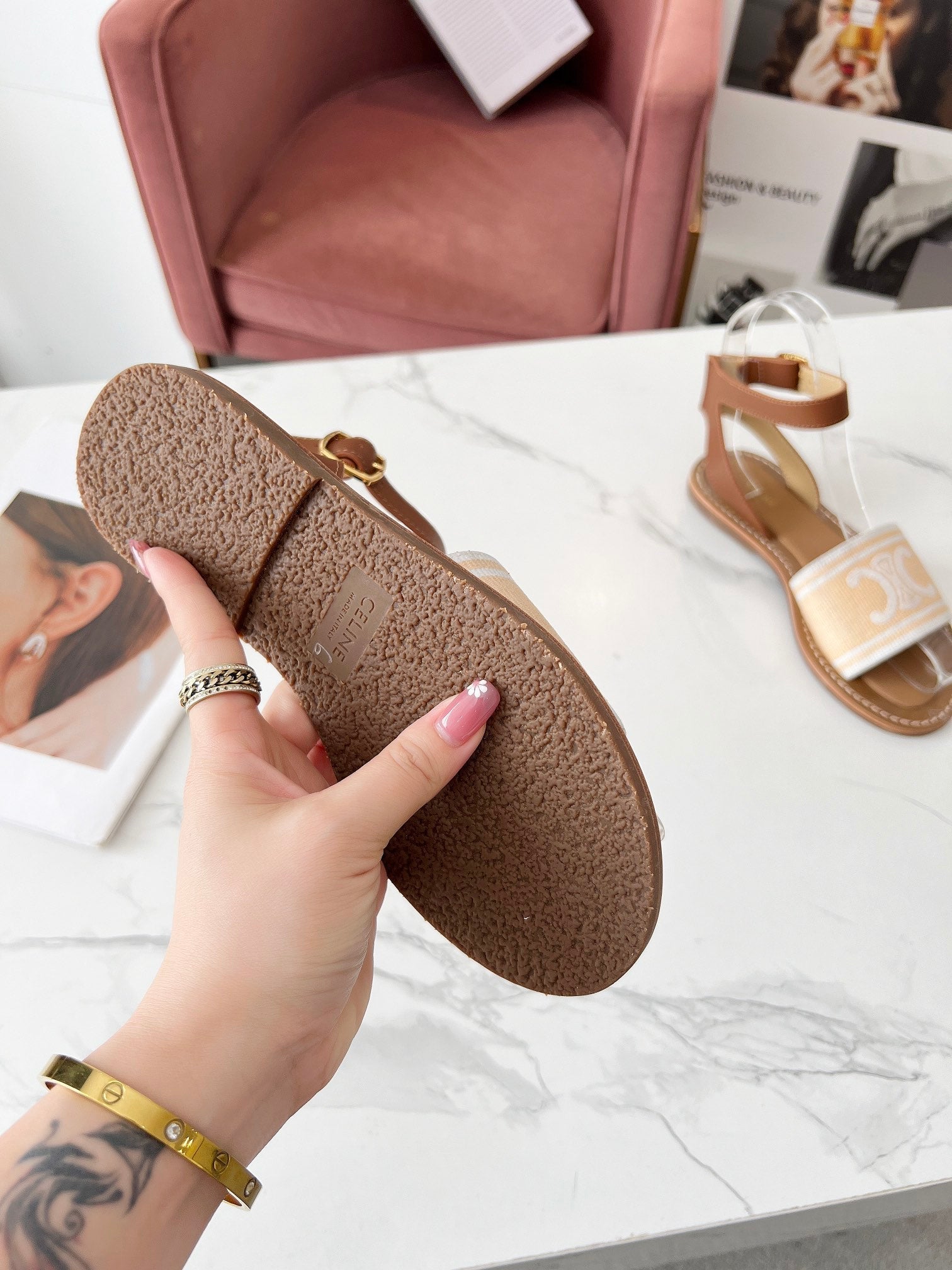 Celine 25C Lympia Sandal Cream with White Canvas with Calfskin 238172