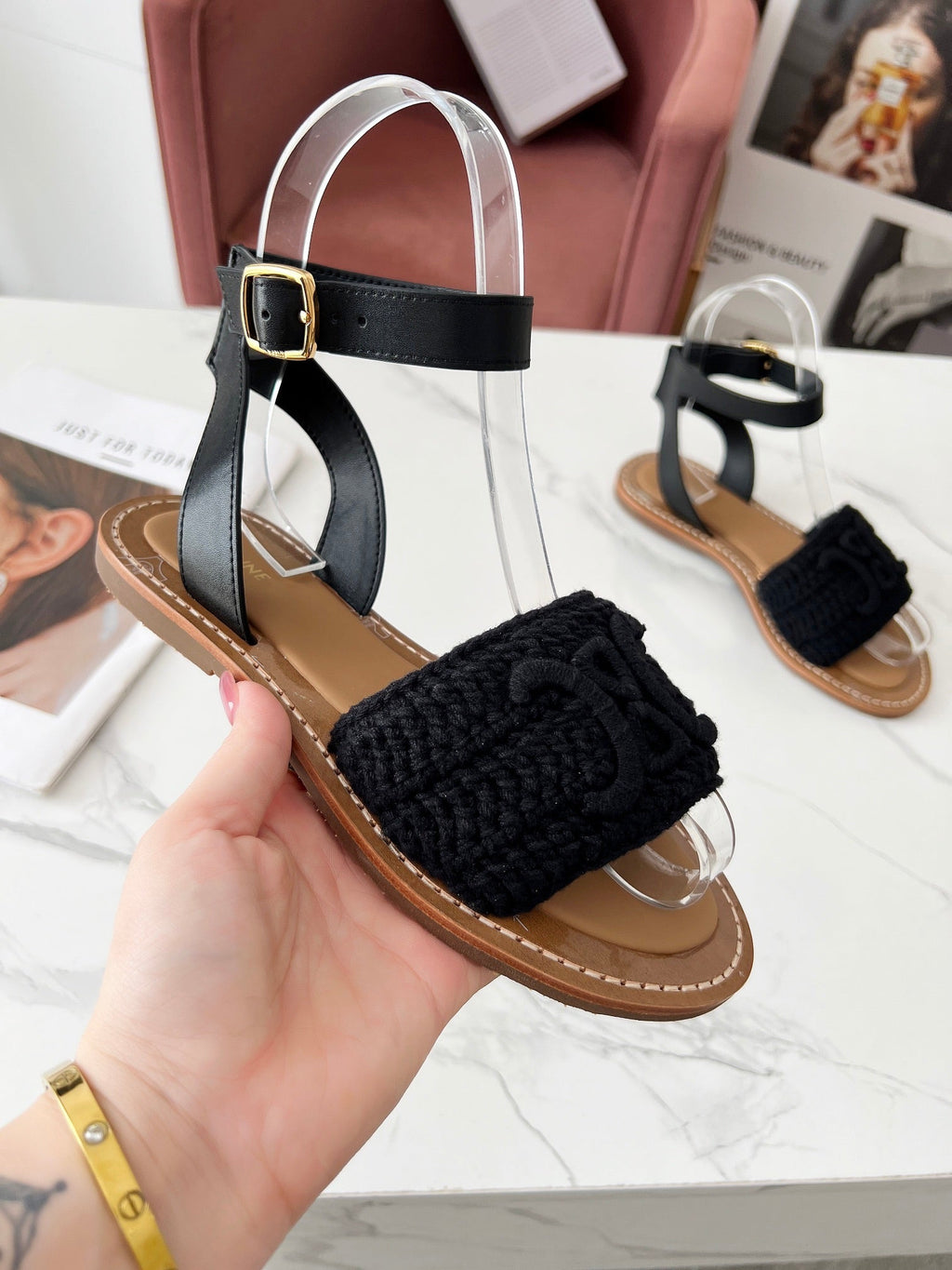 Celine 25C Lympia Sandal Black Fabric with Calfskin 238176