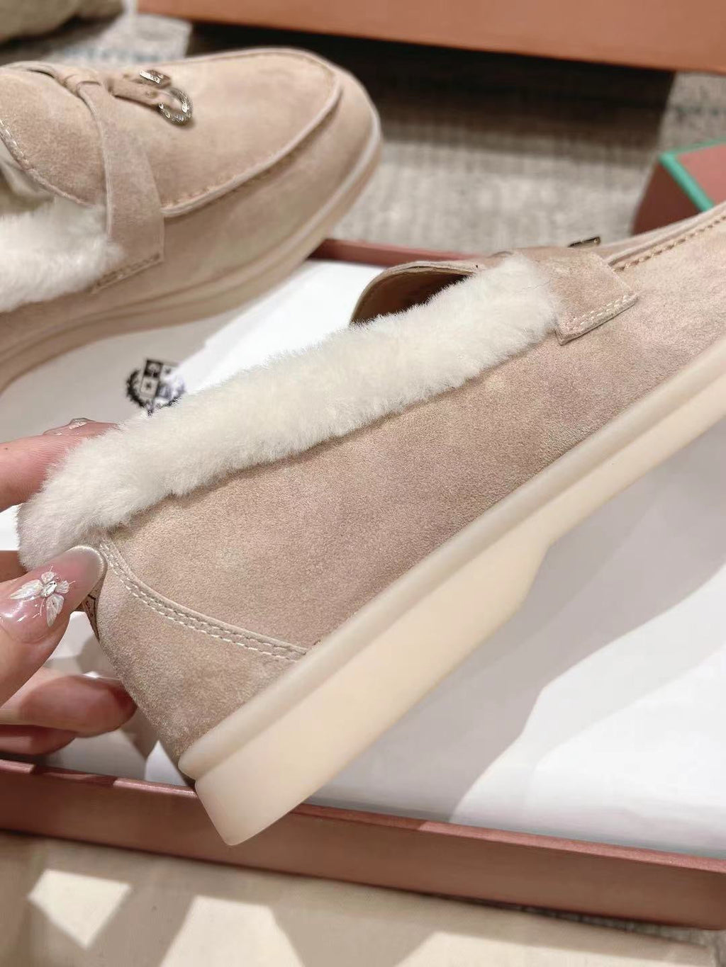 LP Summer Charms Walk Loafers  Light Brown Beige Mix White Suede With Rabbit Fur Lining 206250