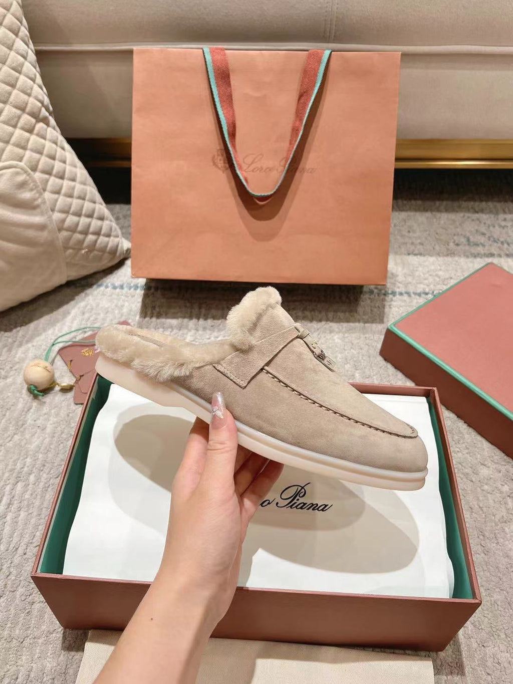 LP Charms Walk Babouche Loafer Sand Brown Suede With Rabbit Fur Lining 206226