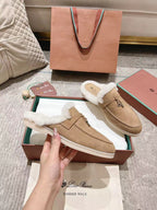 LP Charms Walk Babouche Loafer Peach Yellow Suede With Rabbit Fur Lining 206244
