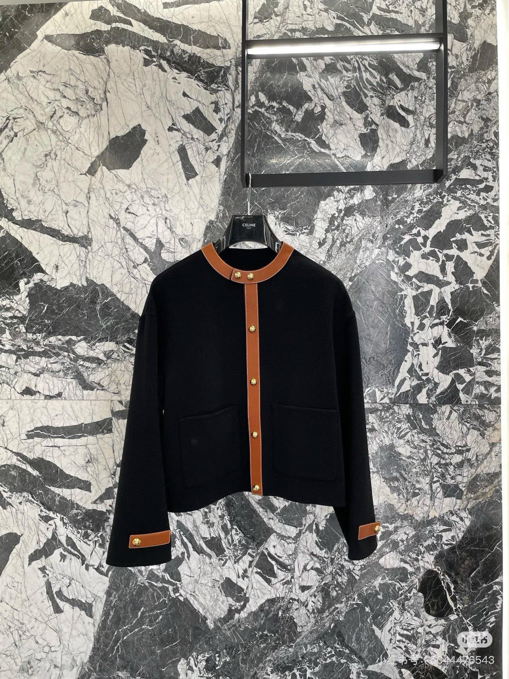 Celine 25 Round Neck Arc de Triomphe Jacket Black Brown Cashmere