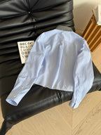 Miu Miu 25 Knitted Collar Patchwork Striped Shirt Blue Gray Cotton