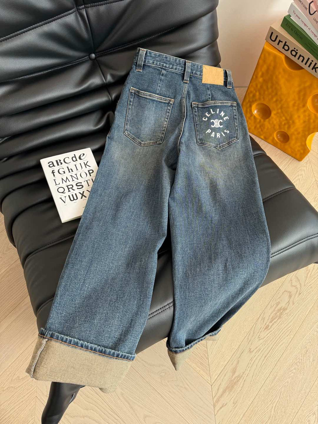 Celine 25 Pattern Embroidered Straight Jeans Blue Cotton