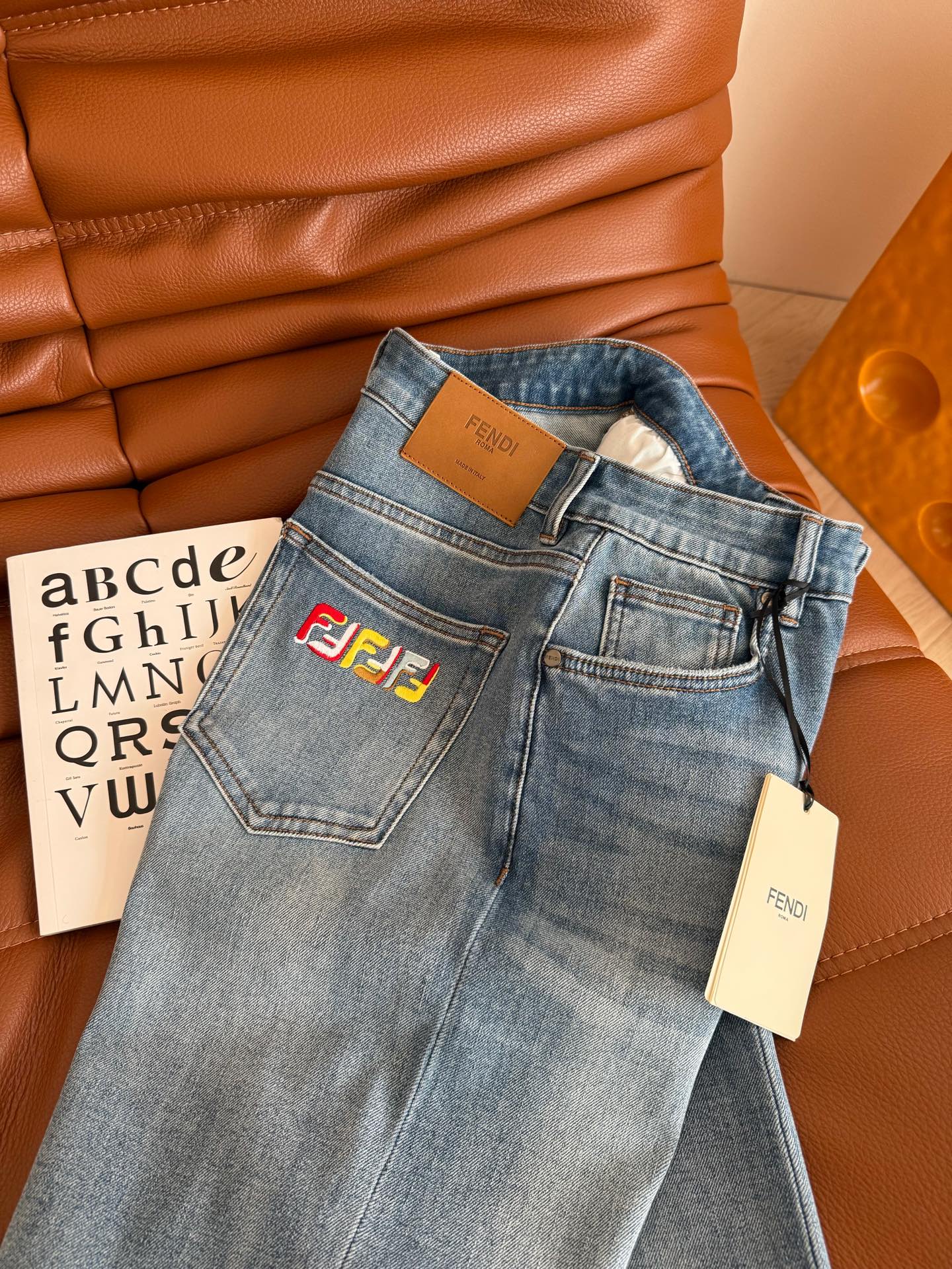Fendi 25 Colorful Yarn Embroidered Letter Jeans Blue Cotton