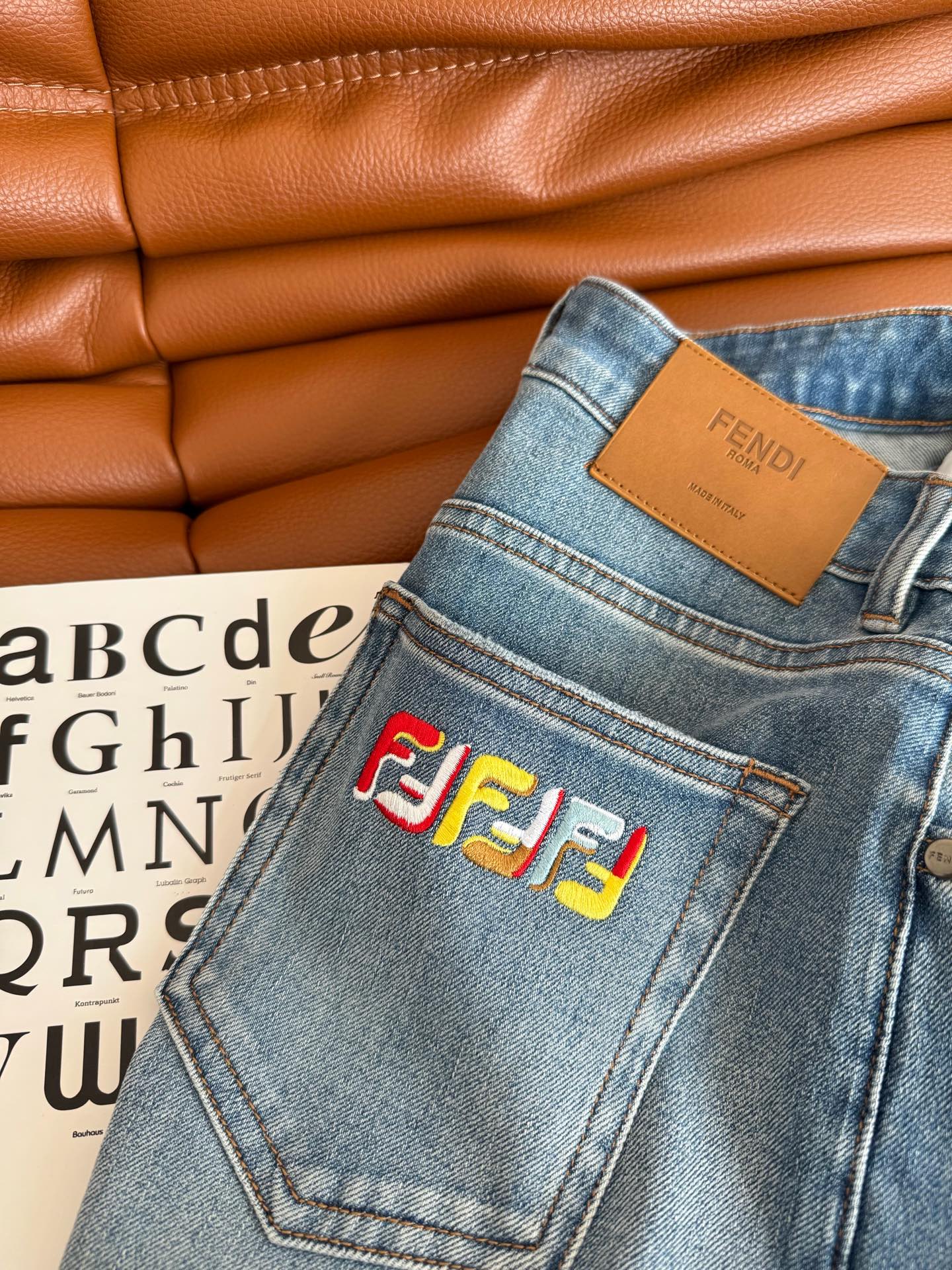 Fendi 25 Colorful Yarn Embroidered Letter Jeans Blue Cotton