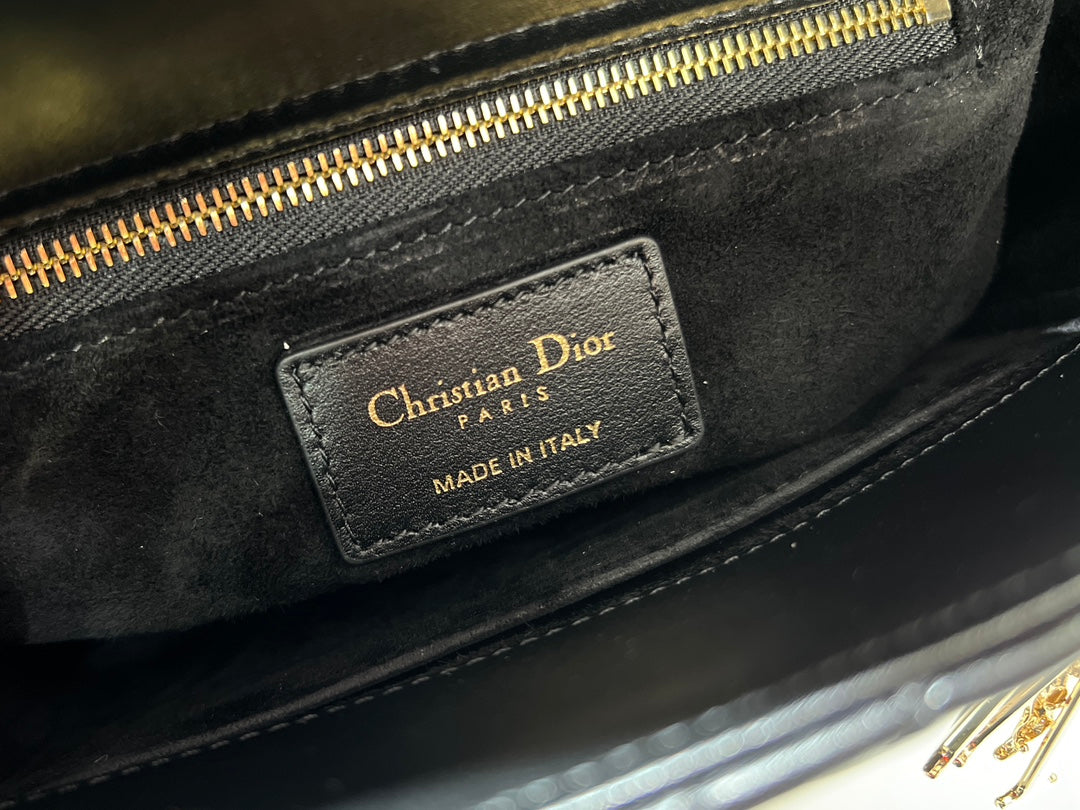 CD Lady Dior Black Cannage Lambskin with Gold-Finish Butterfly Studs