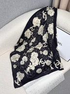 CC Square Scarf 70 CM In Black Mix White Ivory Camellia Cashmere And Silk 367381