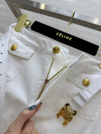 Celine 25 Denim Skirt with Logo Belt White Cotton