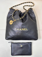 CC 22 Hobo Bag 35cm Black Grained Calfskin Gold Hardware
