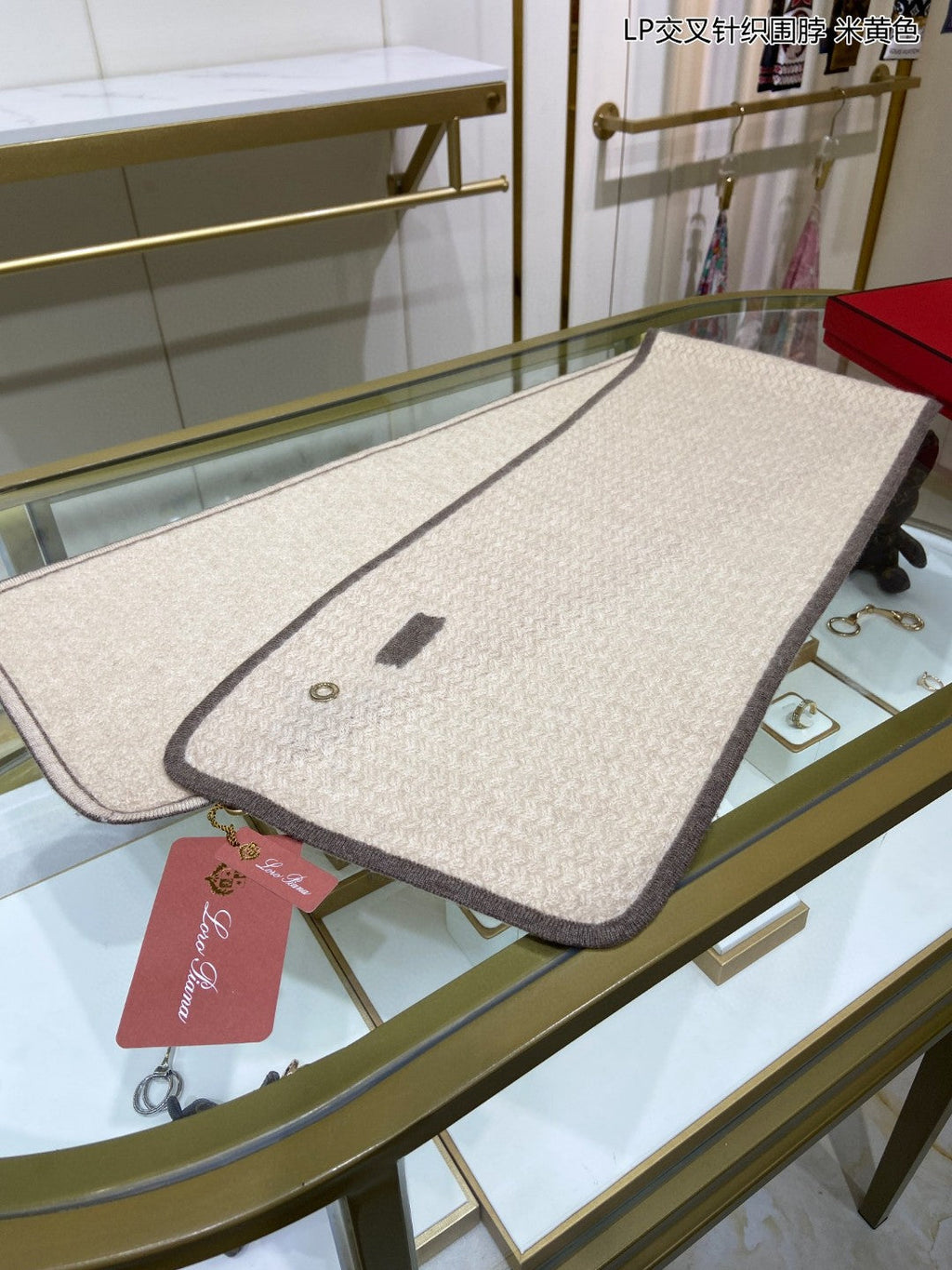 LP Scarf 125 CM In Light Beige With Earth Brown Border Cashmere 201759