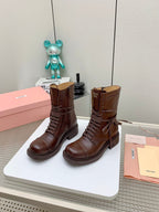 Miu Leather Laced Booties Chestnut Brown Cowhide