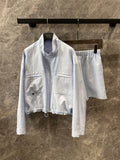 CD 25 Embroidered Zipper Jacket and Shorts Set Blue Tencel Polyamide 215973