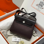 HM Mini Herbag Silver Buckle 20 Dark Brown Canvas and Hunter Cowhide 243305