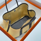 HM Garden Party 30cm Bag Black Togo Light Beige Canvas