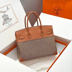 HM Birkin 30cm Gold Swift Leather Brown Canvas Gold Hardware