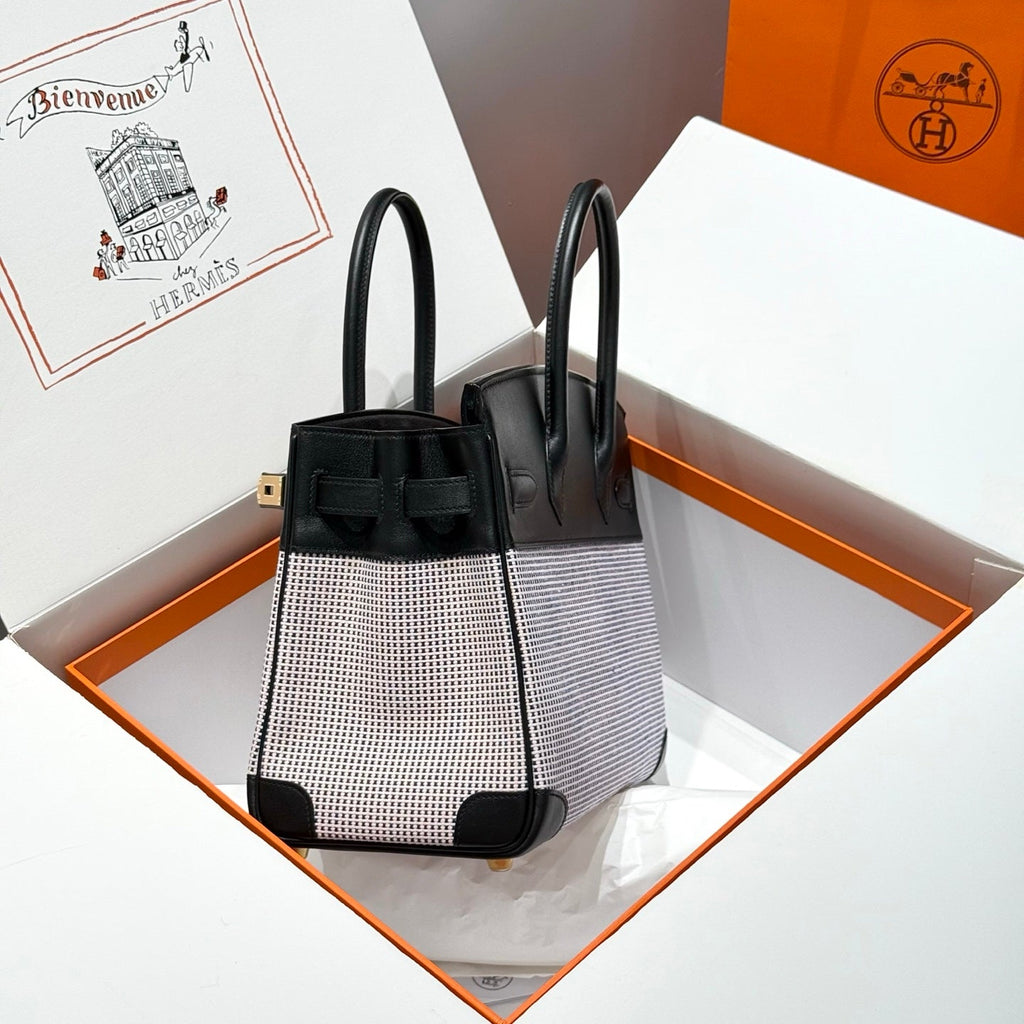 HM Birkin 30cm Black Swift Leather Pink Canvas Gold Hardware