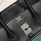 HM Birkin 25cm Black Swift Green White Canvas Silver Hardware