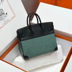 HM Birkin 25cm Black Swift Green White Canvas Silver Hardware