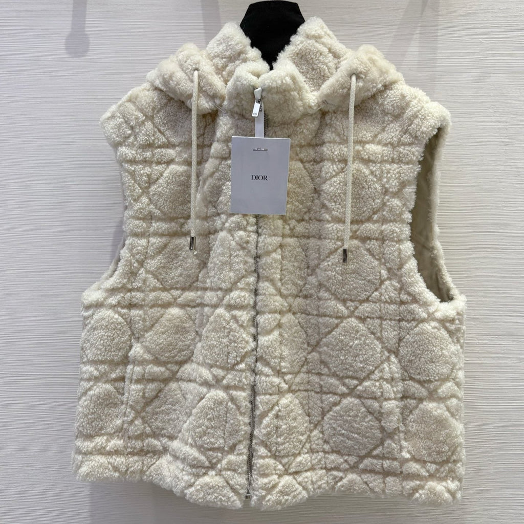 CD 25 Hooded Vest Leather And Fur Ivory White