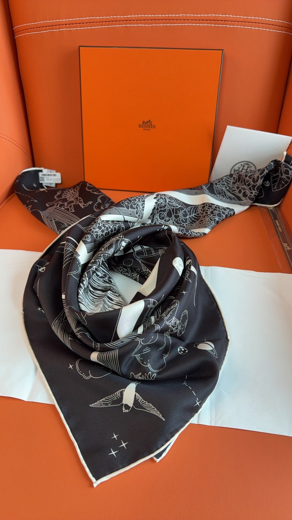 HM 26s 90 Scarf Black White Colorful Mulberry Silk 153396