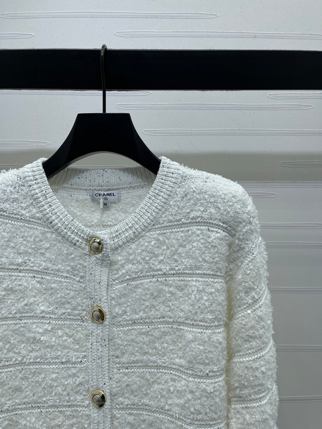 Chanel 2026 Striped Sequined Long-Sleeve Cardigan White Wool