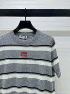 Miumiu 2026 Crew Neck Striped Short-sleeved Knit Top Gray Cotton 352436
