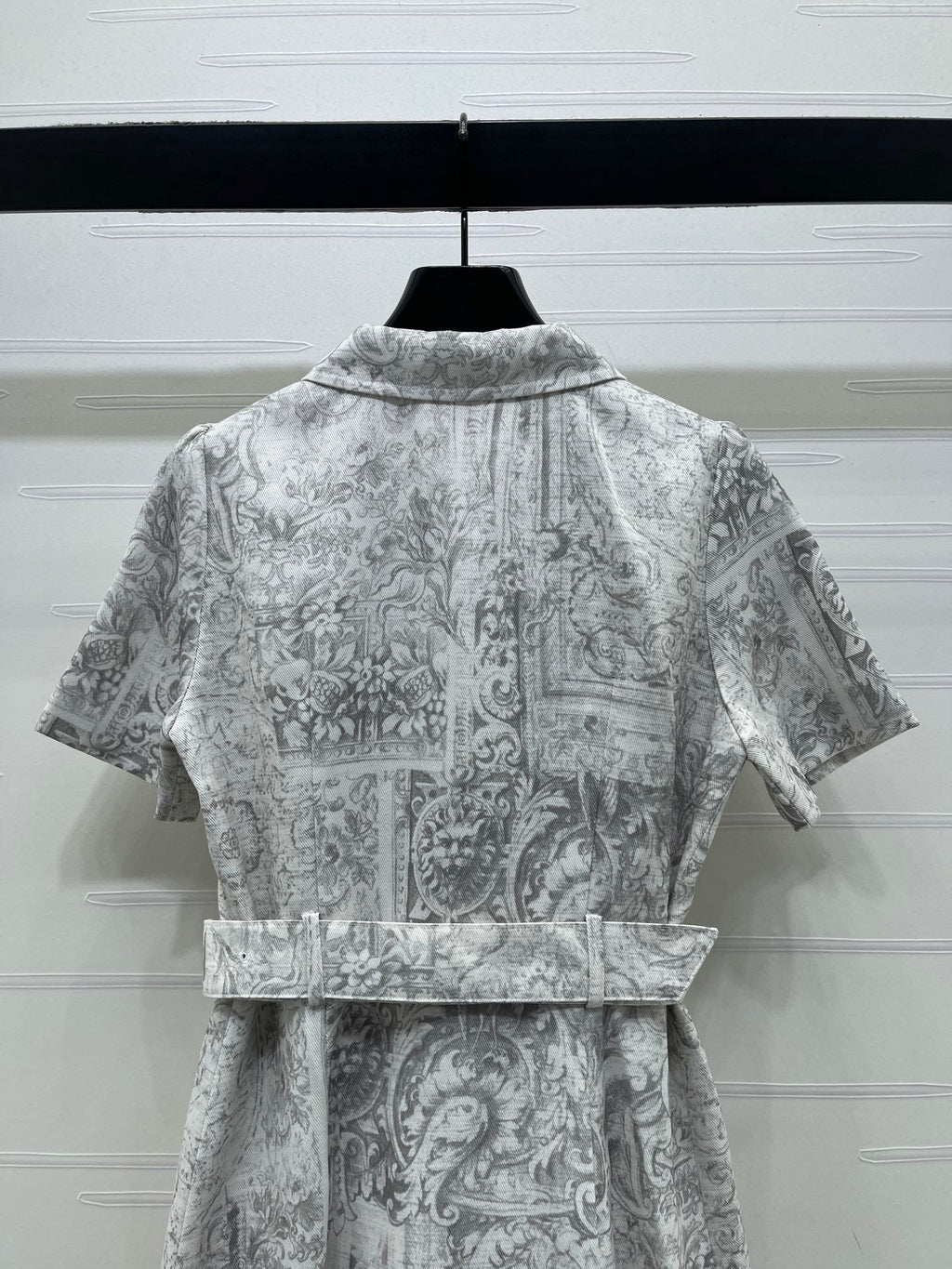 Dior 2026 Collared Print Denim Short-Sleeve Dress White Grey Polyester