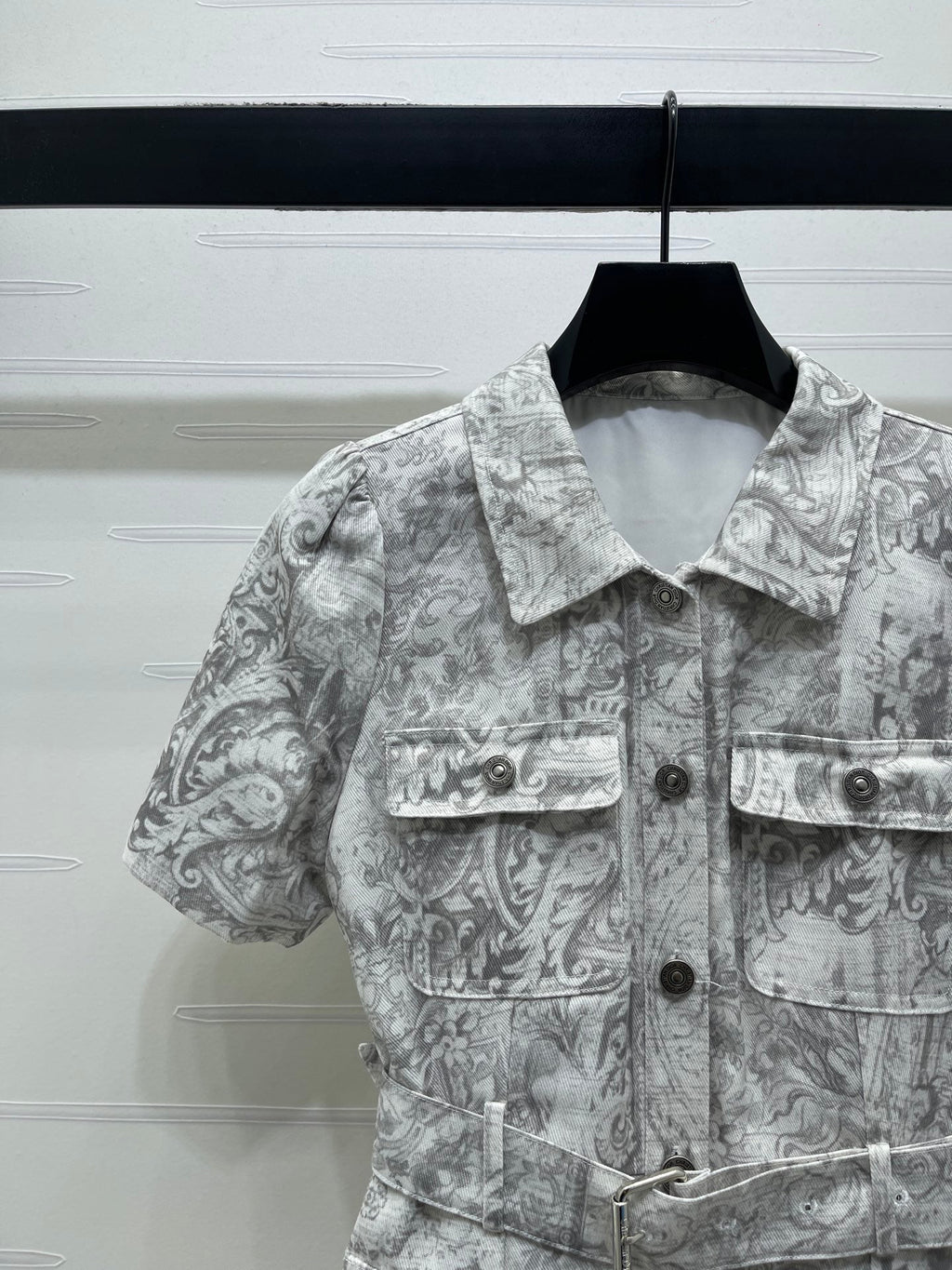 Dior 2026 Collared Print Denim Short-Sleeve Dress White Grey Polyester