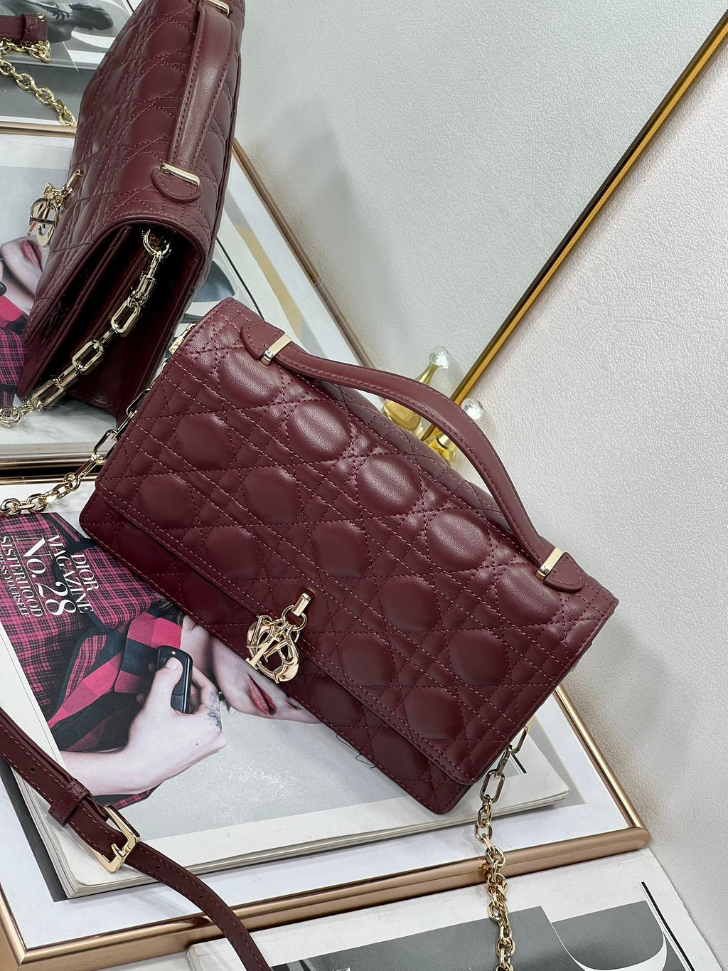 MY CD 24 TOP HANDLE BAG BURGUNDY LAMBSKIN