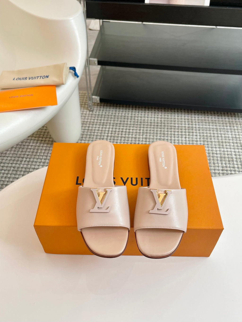 lv capri flat mule beige calfskin
