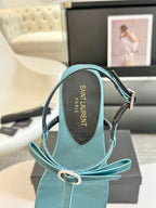 SL CRYSTAL T-STRAP FLAT SANDAL SAPPHIRE SATIN