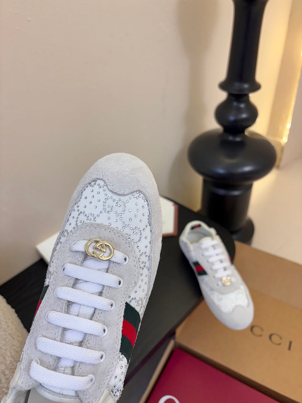 GG 26 Casual Sneakers White Light Gray Cowhide Suede Rhinestones 627231