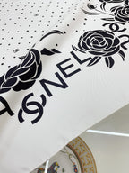 CC Square Scarf 90 CM In White Polka Dot Black Camellia Silk Twill 288722