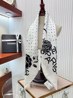 CC Square Scarf 90 CM In White Polka Dot Black Camellia Silk Twill 288722