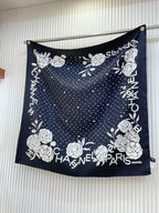 CC Square Scarf 90 CM In Black Polka Dot White Camellia Silk Twill 288723