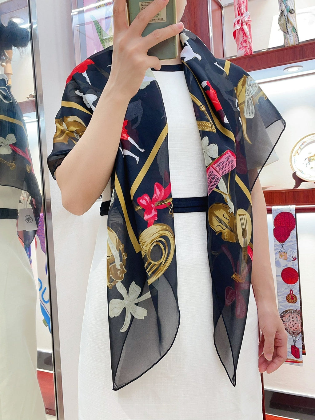 Scarf 110 CM In Black Colorful Voile Silk 193826