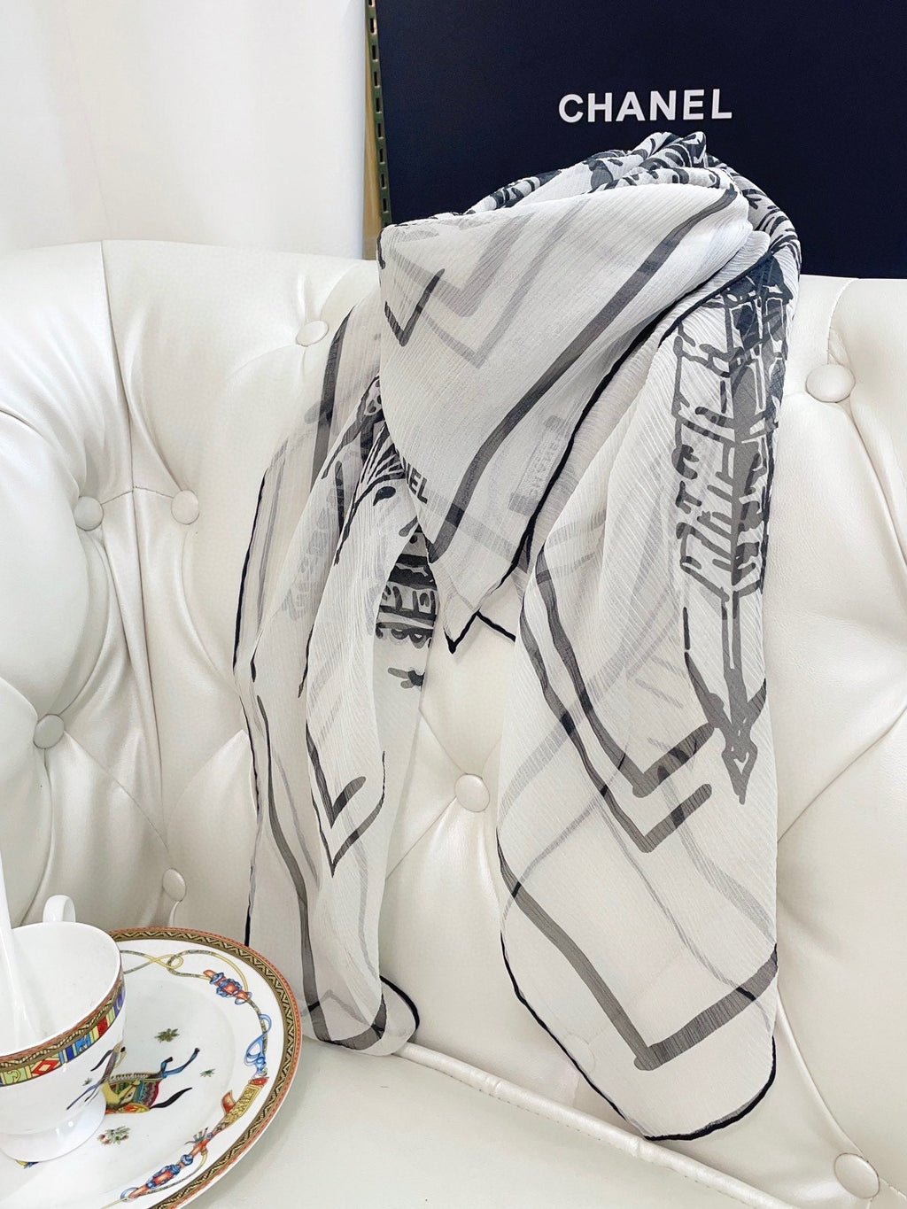 CC Square Scarf 110 CM In White Black Shunyu Georgette Silk 196210