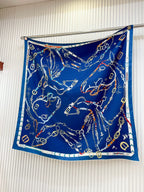 Chevaux Dechaines Shawl 90 CM In Dark Blue Colorful Silk Twill 201032