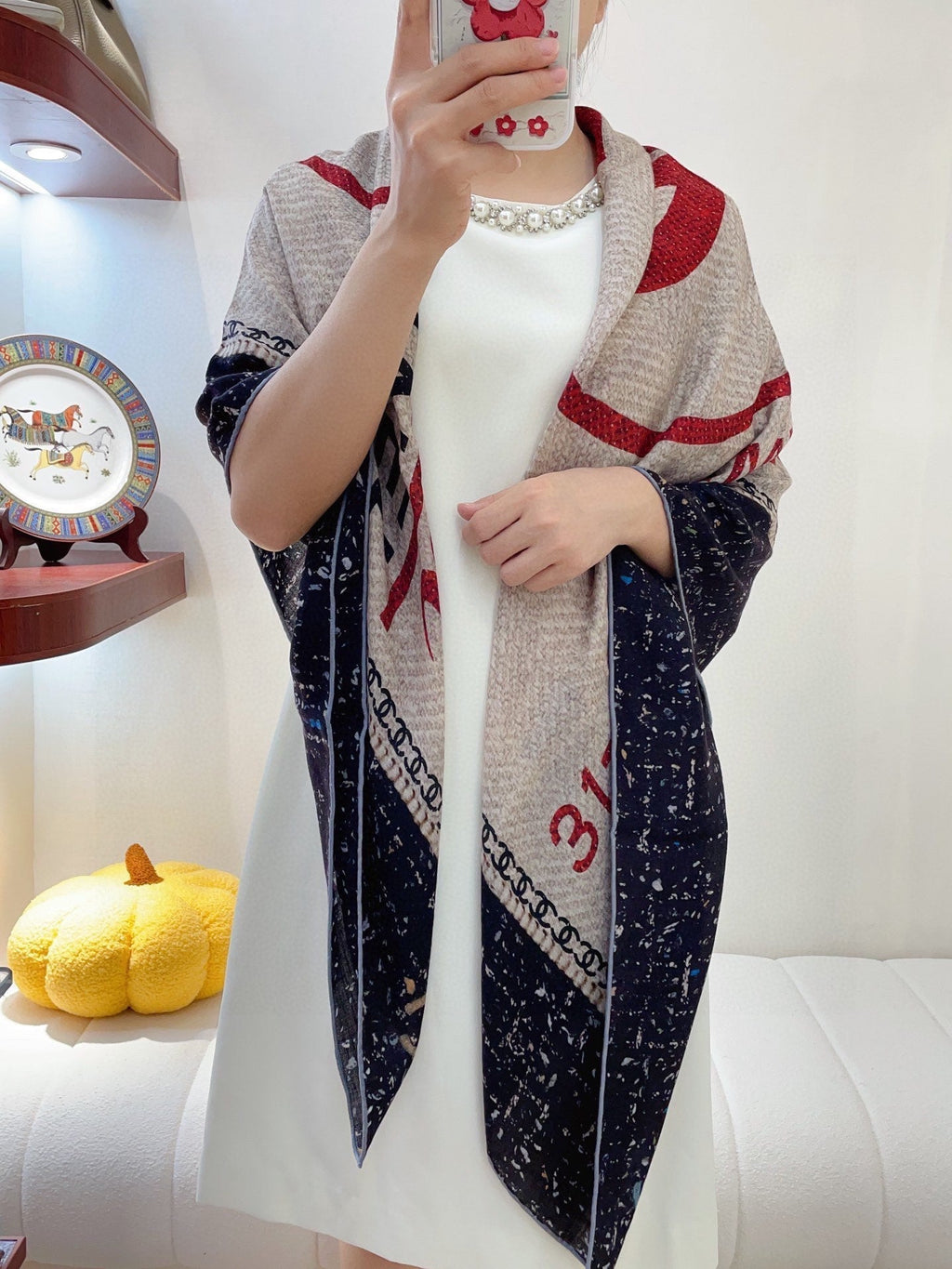 CC Square Scarf 140 CM In Black Mix Light Beige Red Cashmere Silk 234599