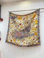 Le Jaguar Et Le Colibri Shawl 90 CM In Yellow Colorful Silk Twill 274206